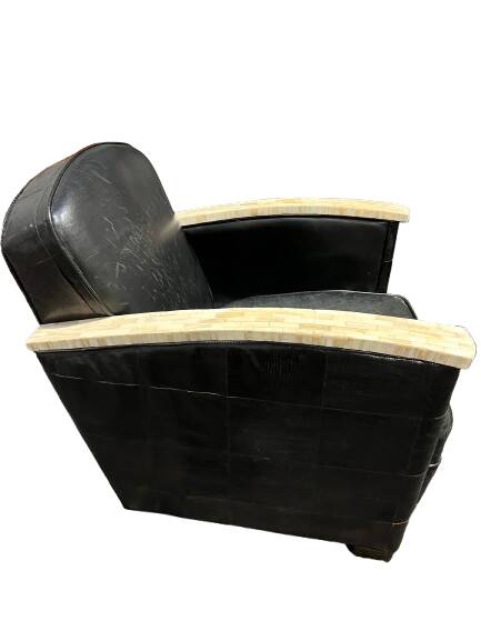 Pair of leather armchairs with marquetry armrests