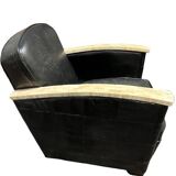 Pair of leather armchairs with marquetry armrests