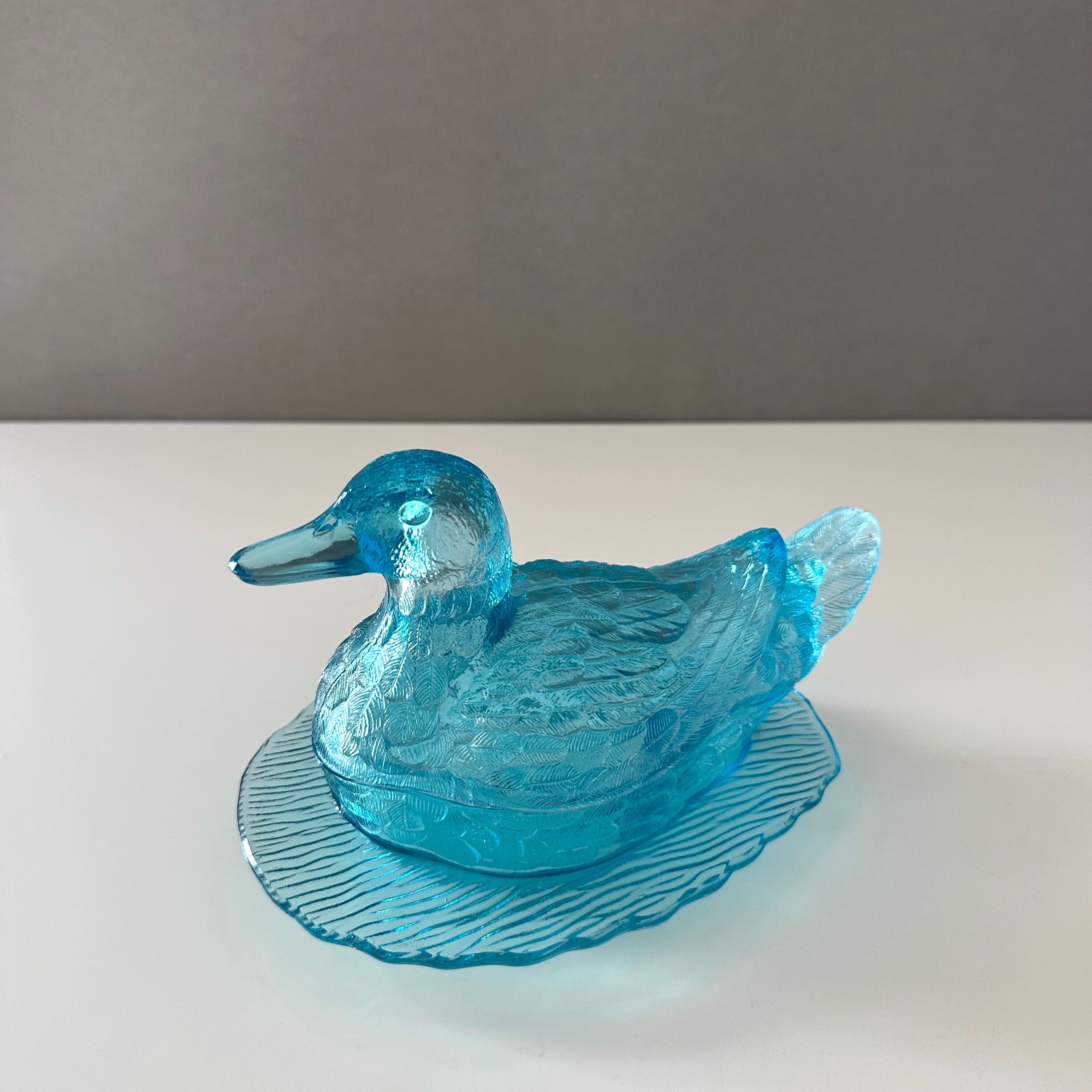 Art Deco glass duck, pressed glass turquoise, butter dish