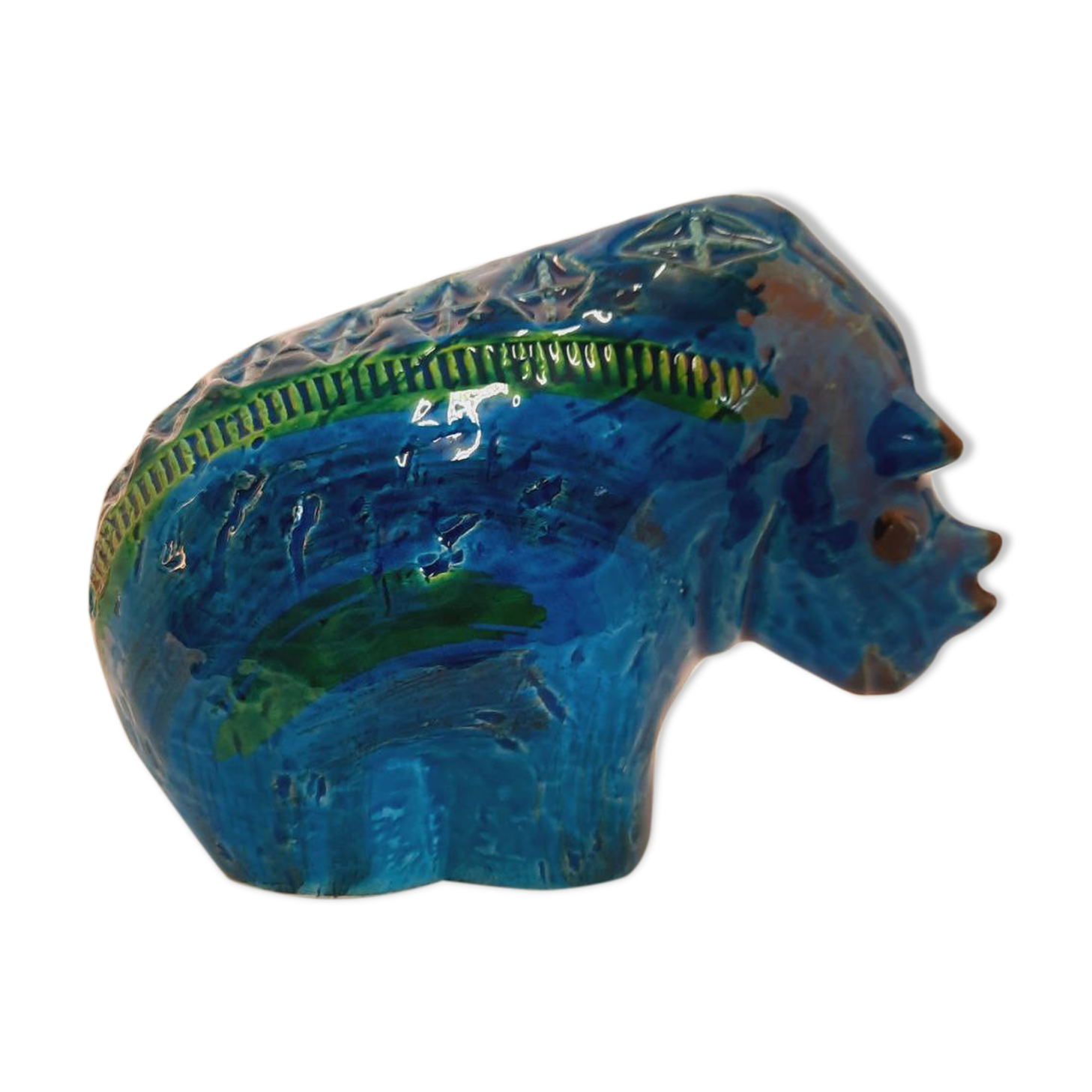 Vintage rhinoceros statue, Aldo Londi for Bitossi, Rimini blue series
