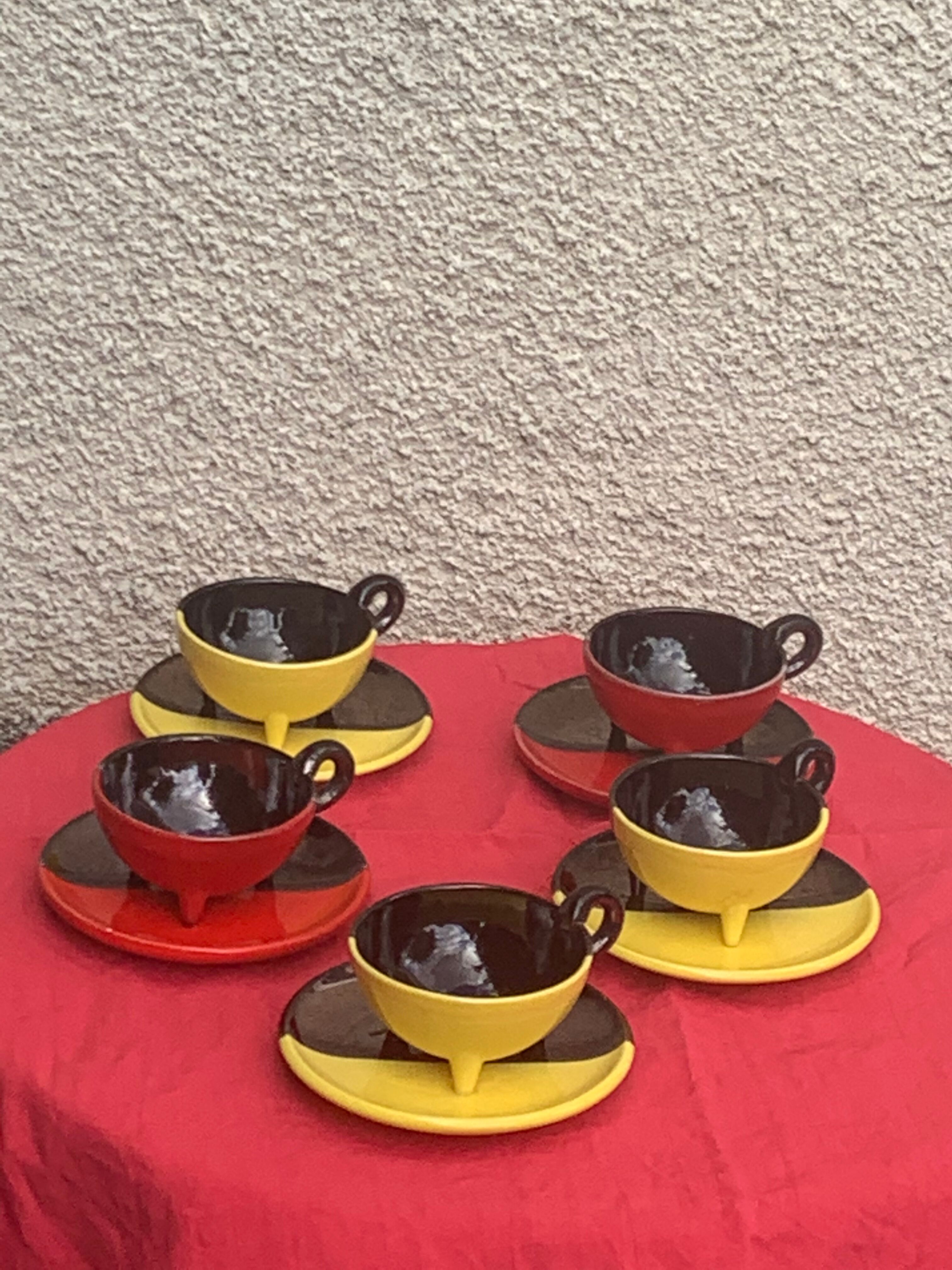 5 cups and 5 saucers signed Luc vallauris vintage