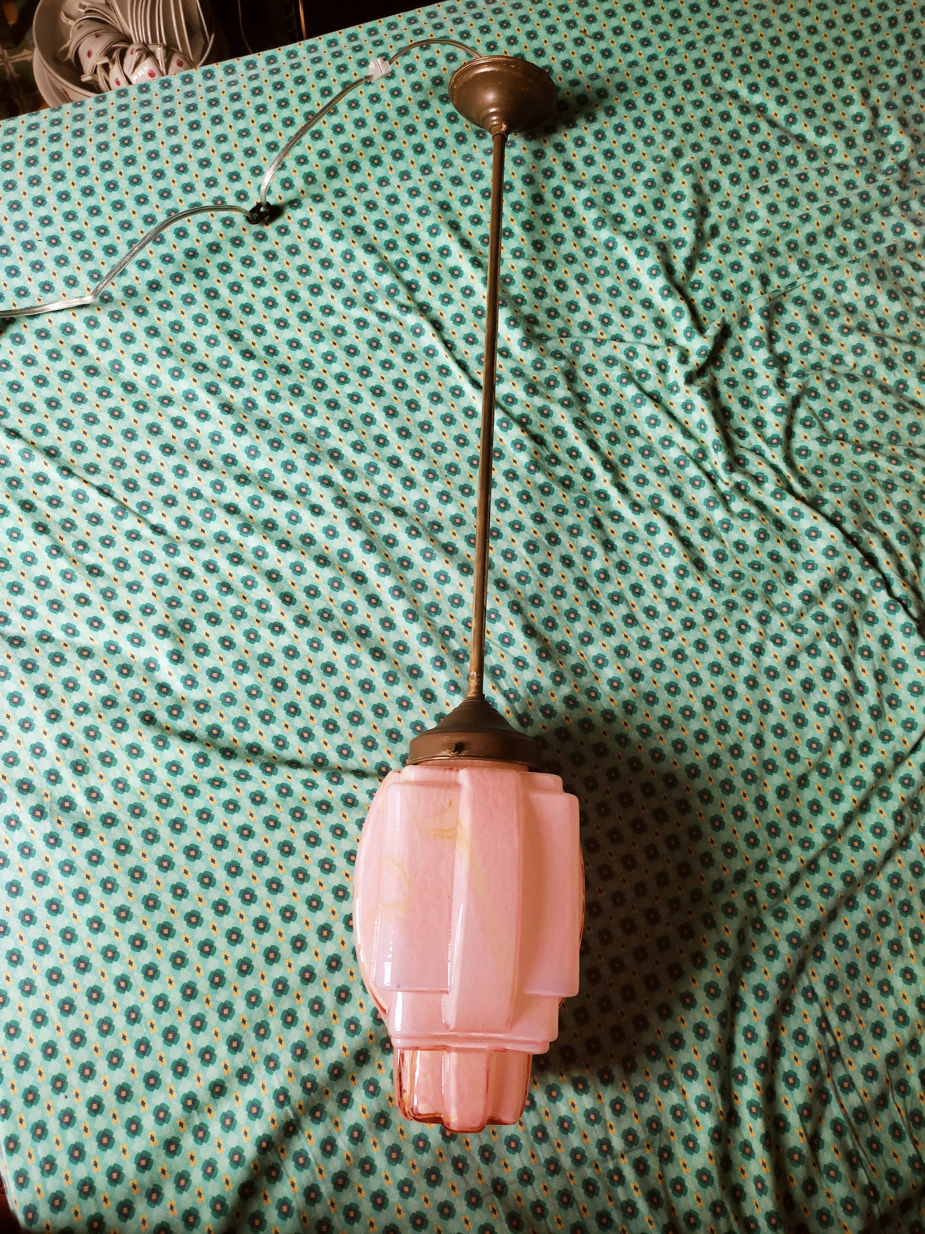 Art Deco pendant lamp in pink glass