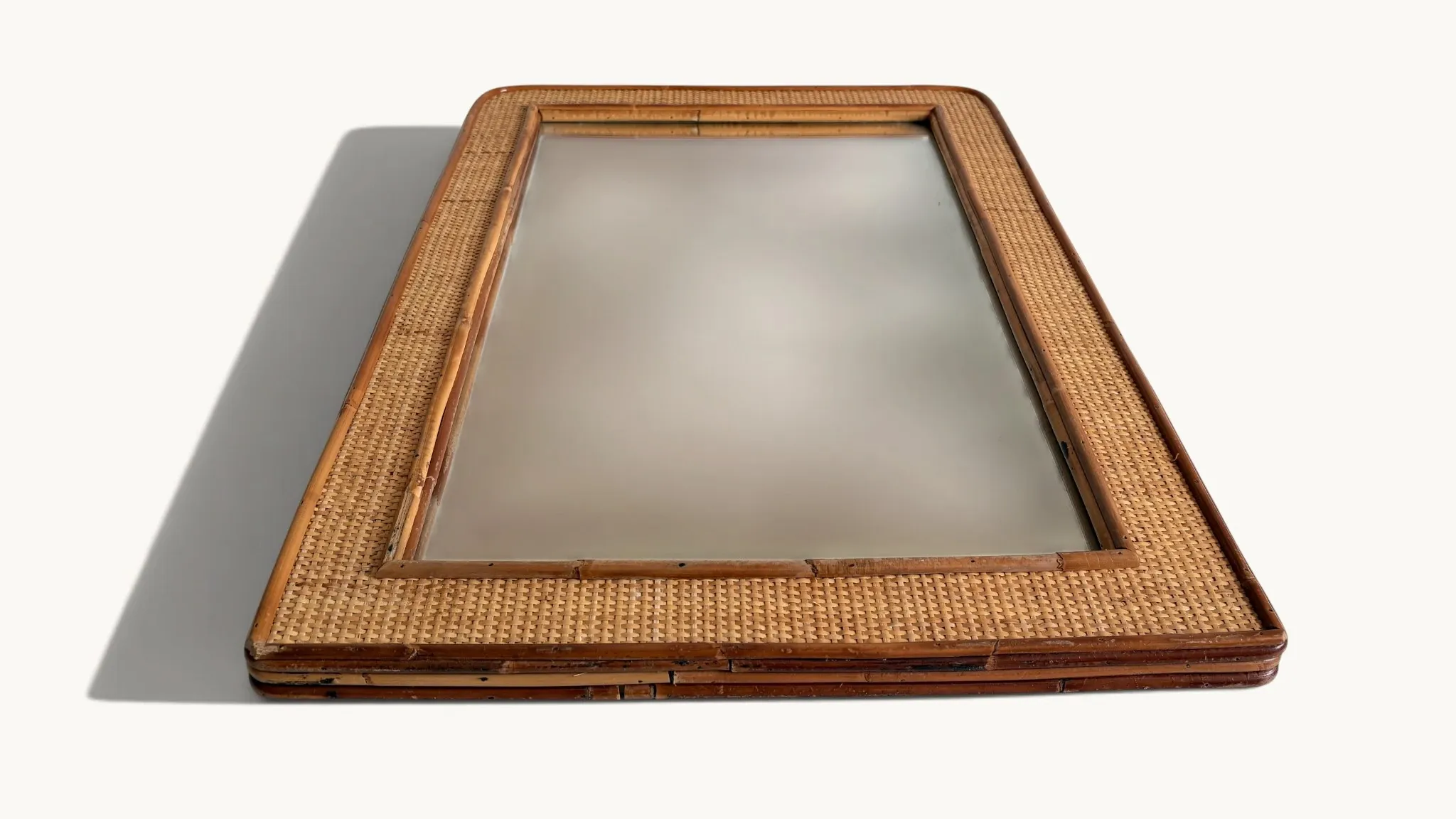 1970s Mid-Century Rattan and Pencil Reed Large Mirror, Spain
