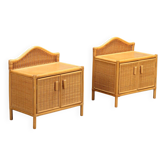 Paire de tables de chevet vintage en osier tressé et hêtre, design italien des années 1980.