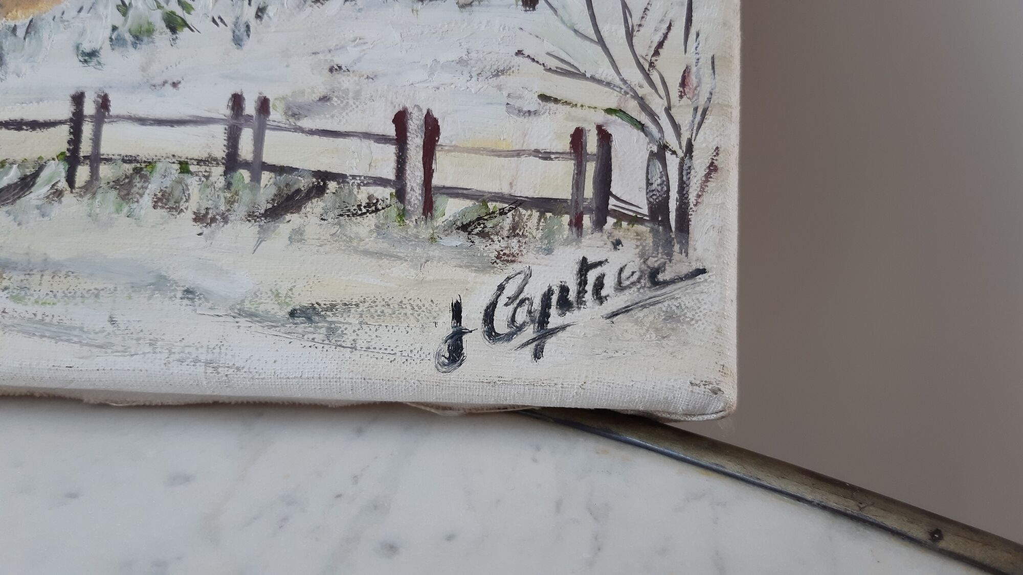 Oil painting on canvas village and landscape winter vintage signed