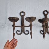 Pair of antique 15th century medieval castle wrought iron candlesticks