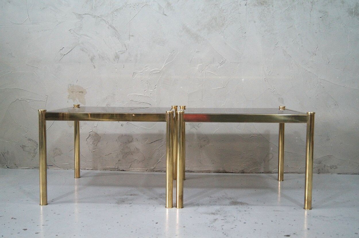 Set of 3 Italian minimalist brass coffee tables, 1970s