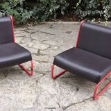 Pair of vintage drivers in red steel and skaï, France 1970