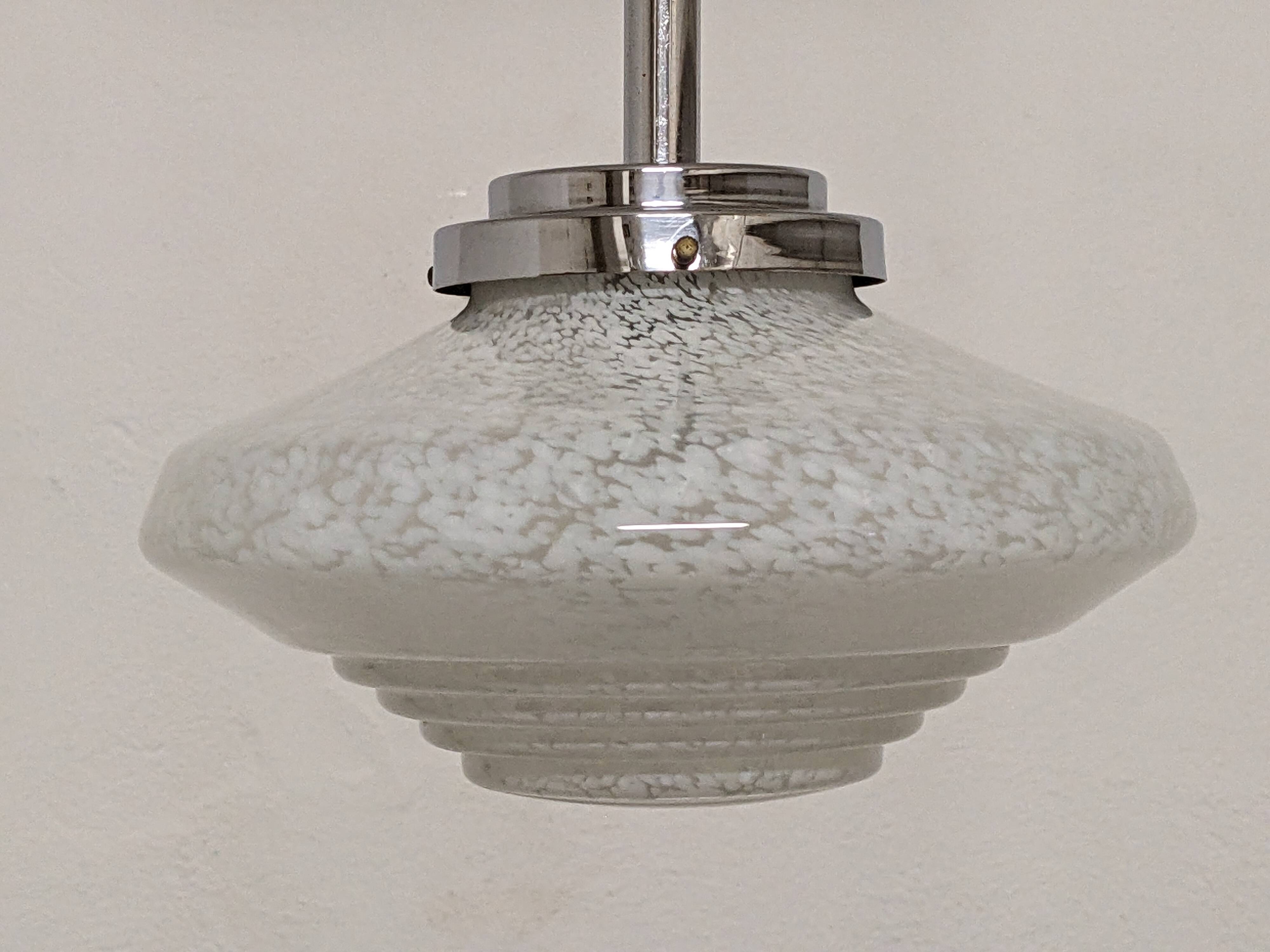 Art Deco glass suspension from Clichy, speckled white, France circa 1920.