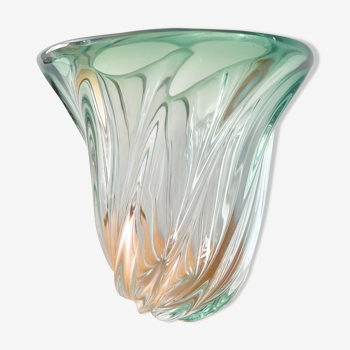 Val St Lambert Green Glass Vase from Belgium