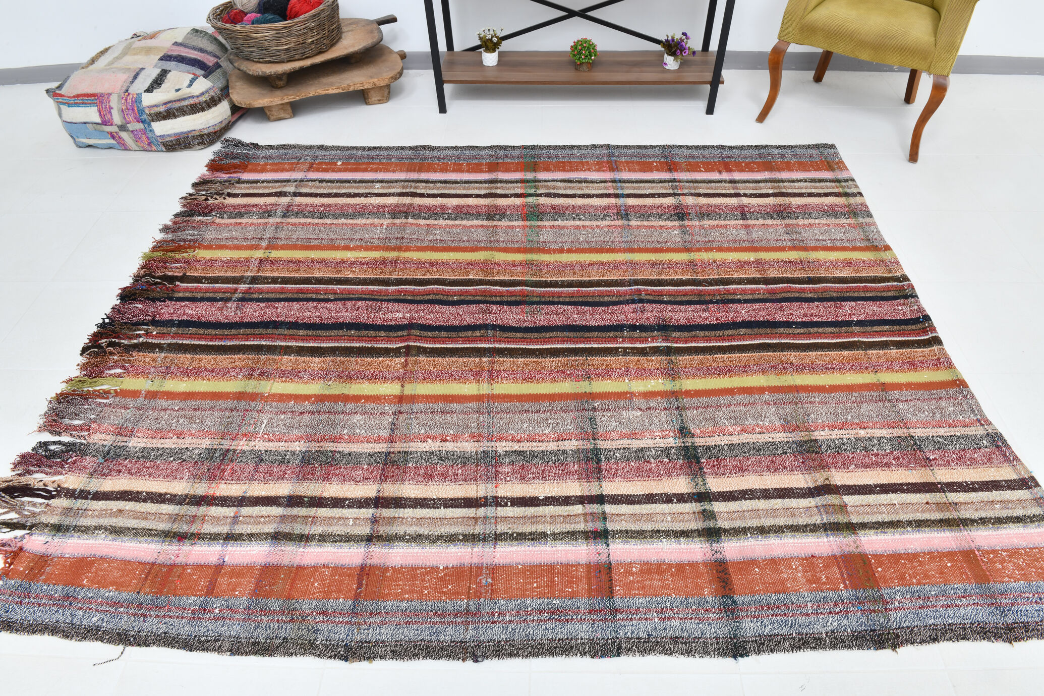 Kilim multicolore rayé moderne 6x7, 203x230Cm