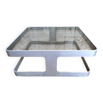 Table basse 1970 en verre fumé et aluminium