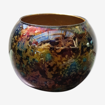 Ancien Vase Boule Verre Multicouche Multicolore Vintage