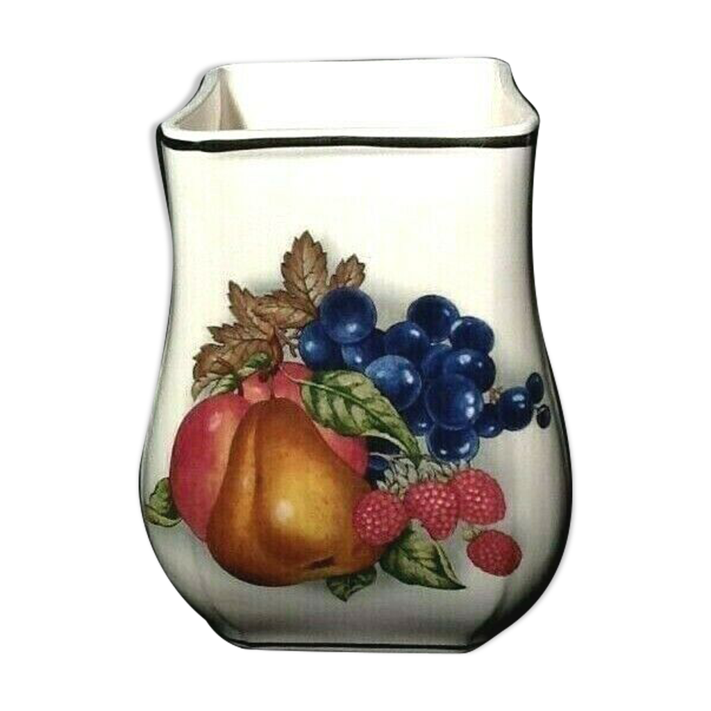 Vase Vintage En Céramique Polychrome - Décor Relief Fruits Et Légumes - Hauteur 33.5 Cm - Occasion