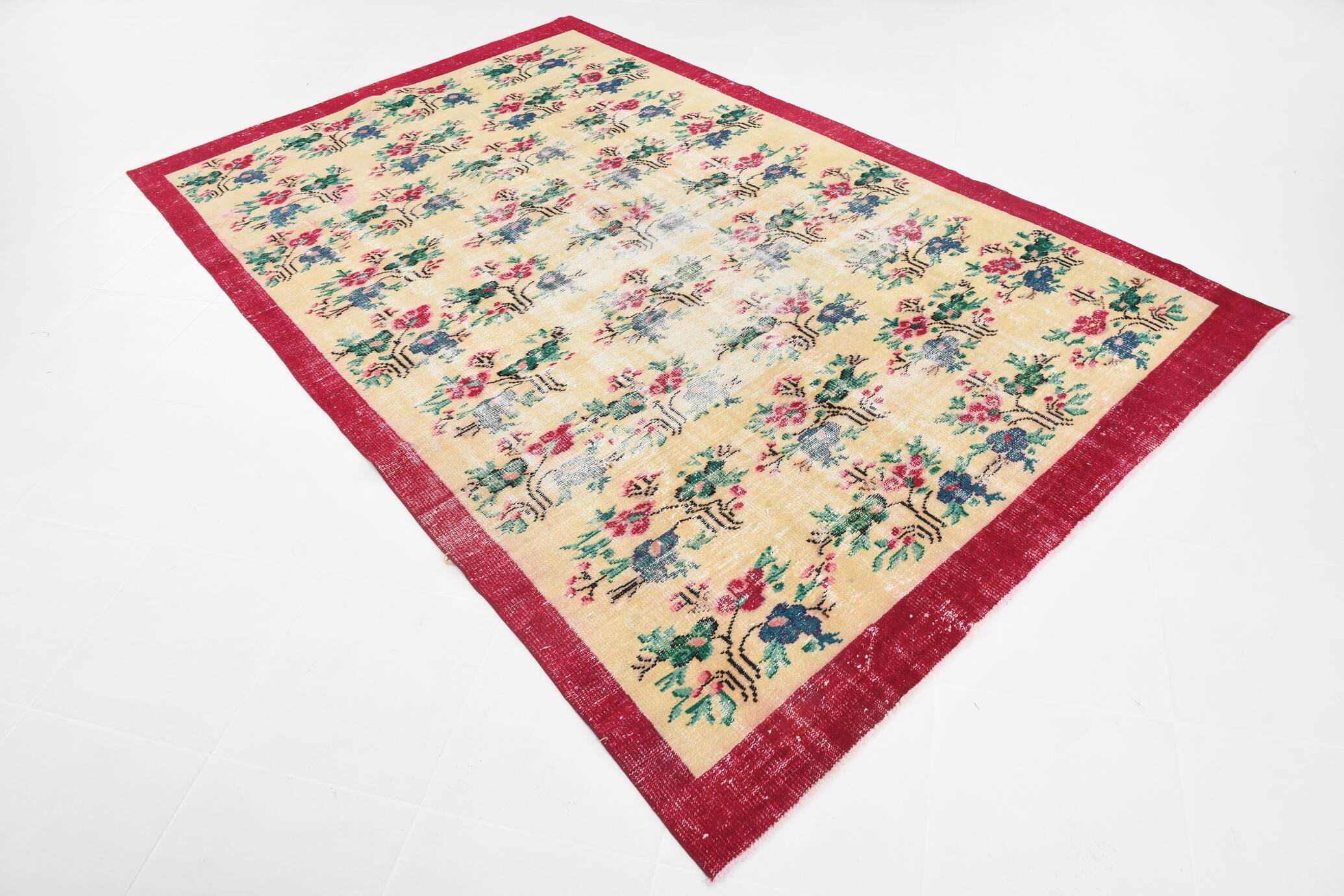 Ruby Red Vintage Floral Turkish Rug, Handmade Wool Carpet, 202x309 Cm