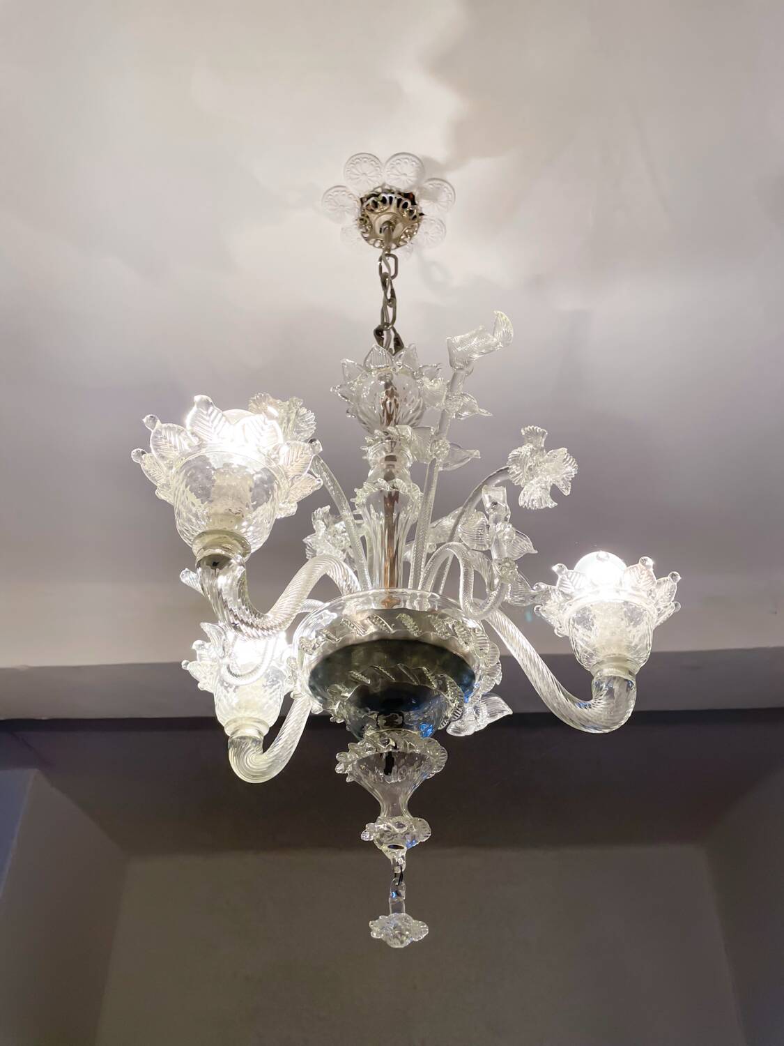 Lustre authentique en verre de Murano – 3 branches – Transparent