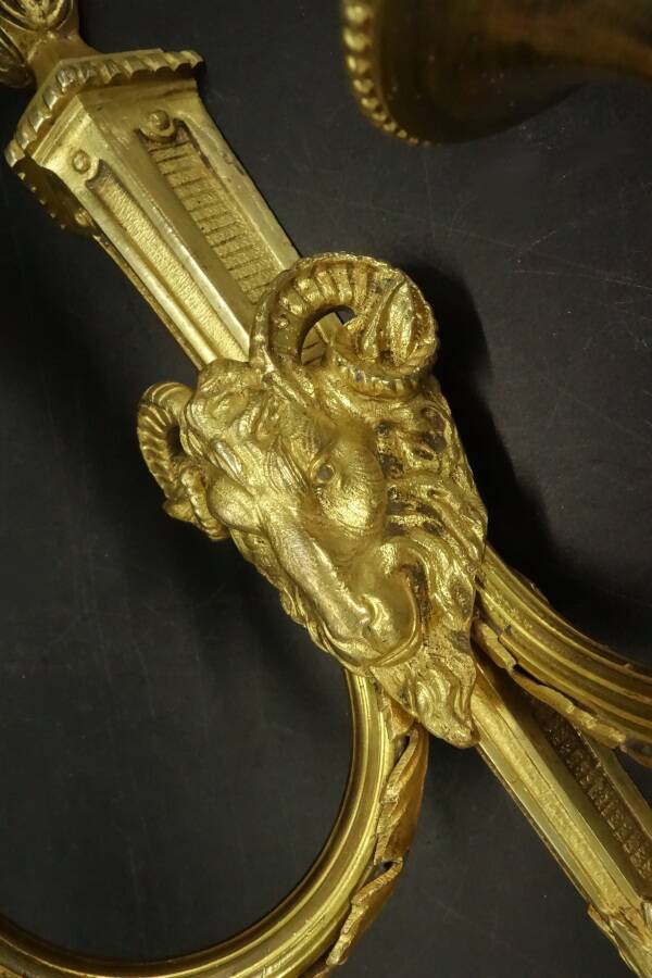 Large Louis XVI style ram's head and urn wall lamp - gilded bronze