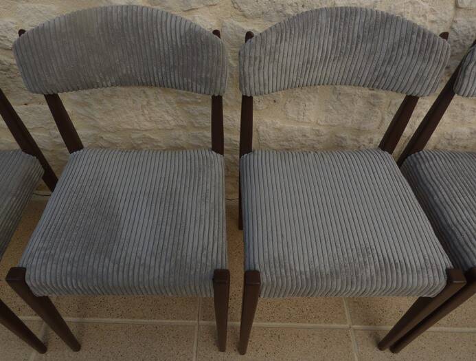 5 chaises de style scandinave en bois massif et velours gris, années 60