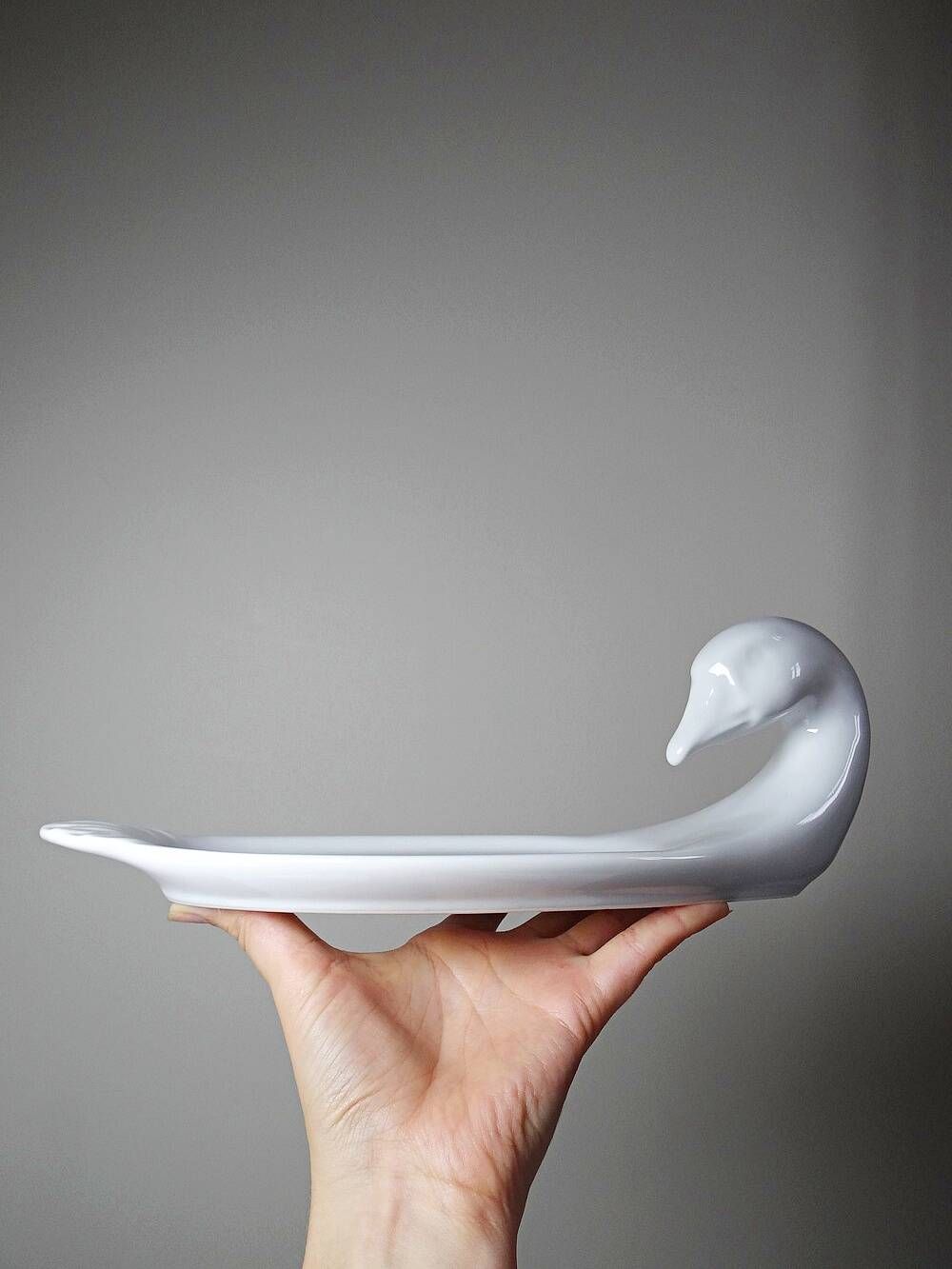 Vintage white faience foie gras platter in the shape of a goose, 1970s.