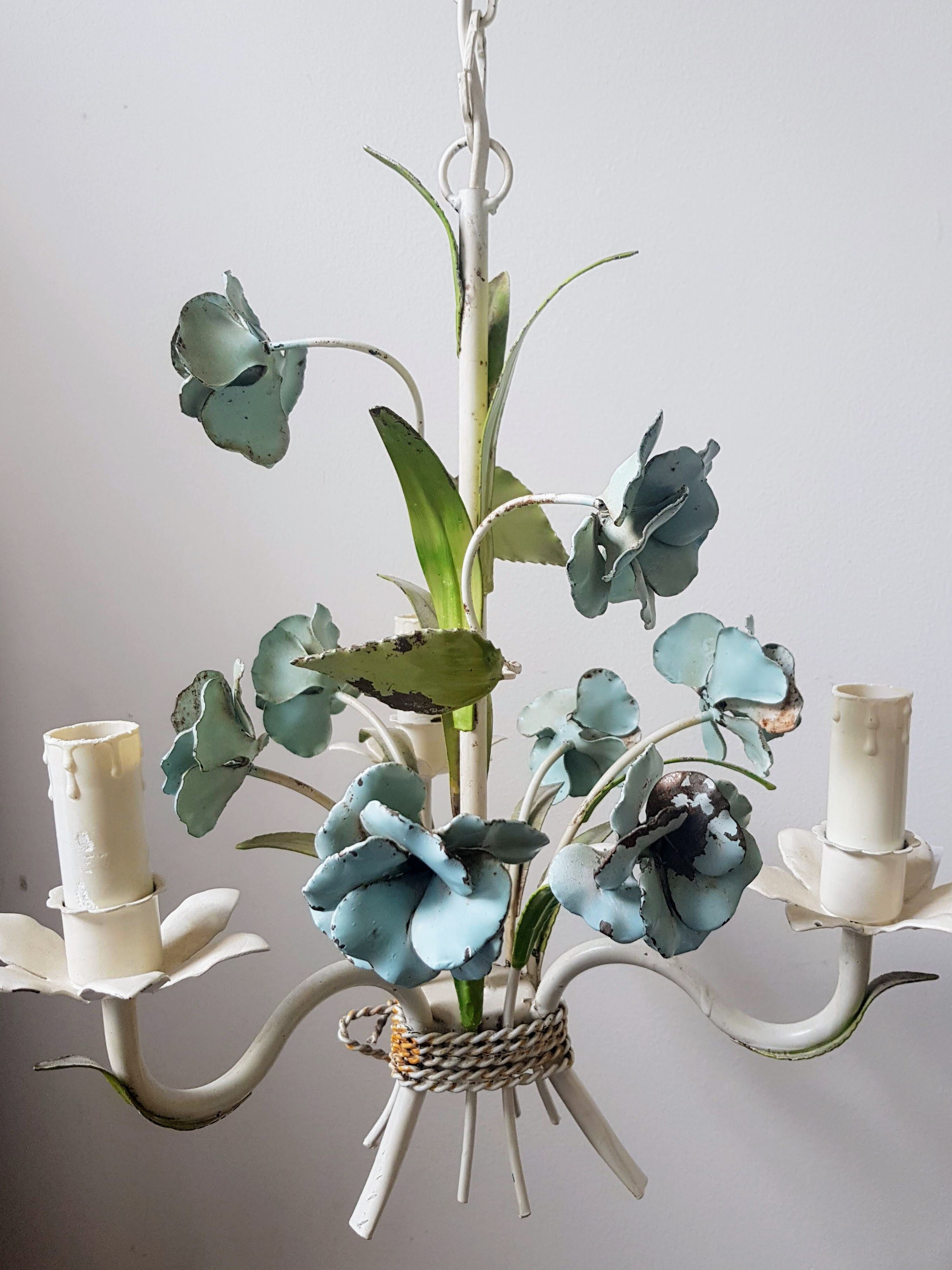 Vintage tole chandelier with light blue roses 1960s