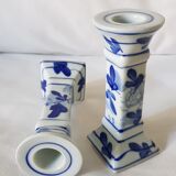 Set of 2 ceramic candle holders in white blue floral pattern