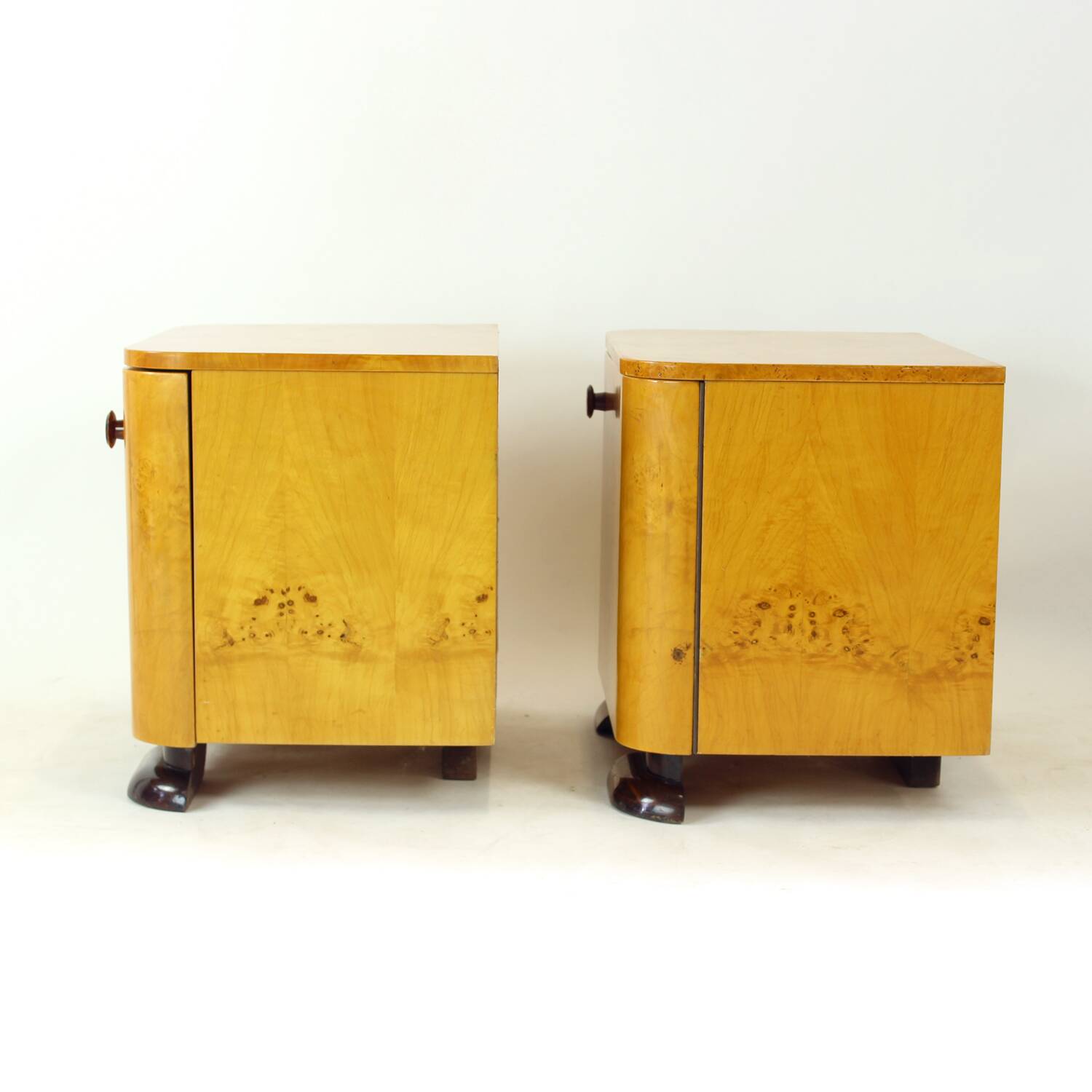 Art Deco Bedside Tables In Root Veneer, Czechoslovakia 1940s