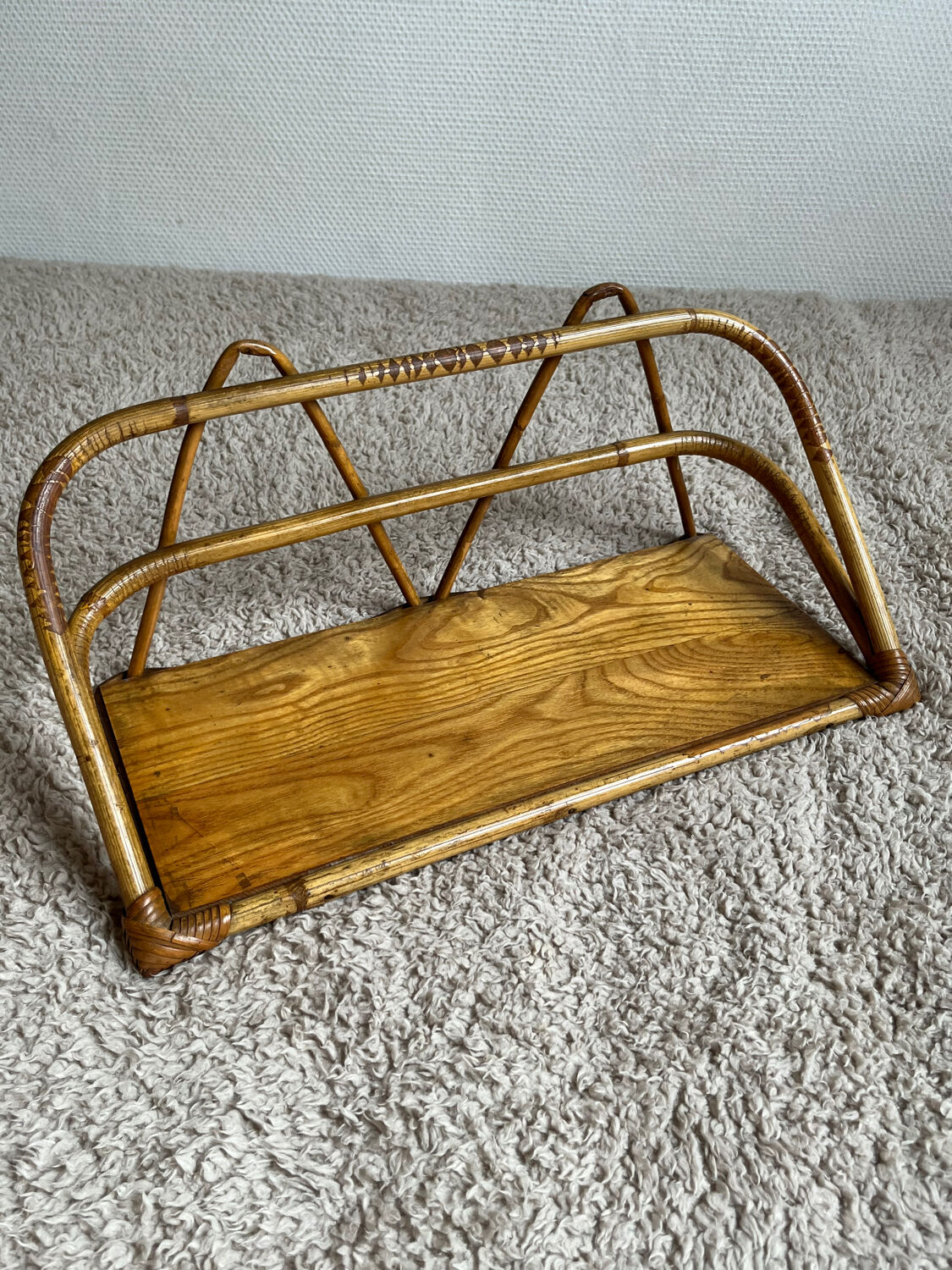 Bamboo wicker wall shelf from the 80s