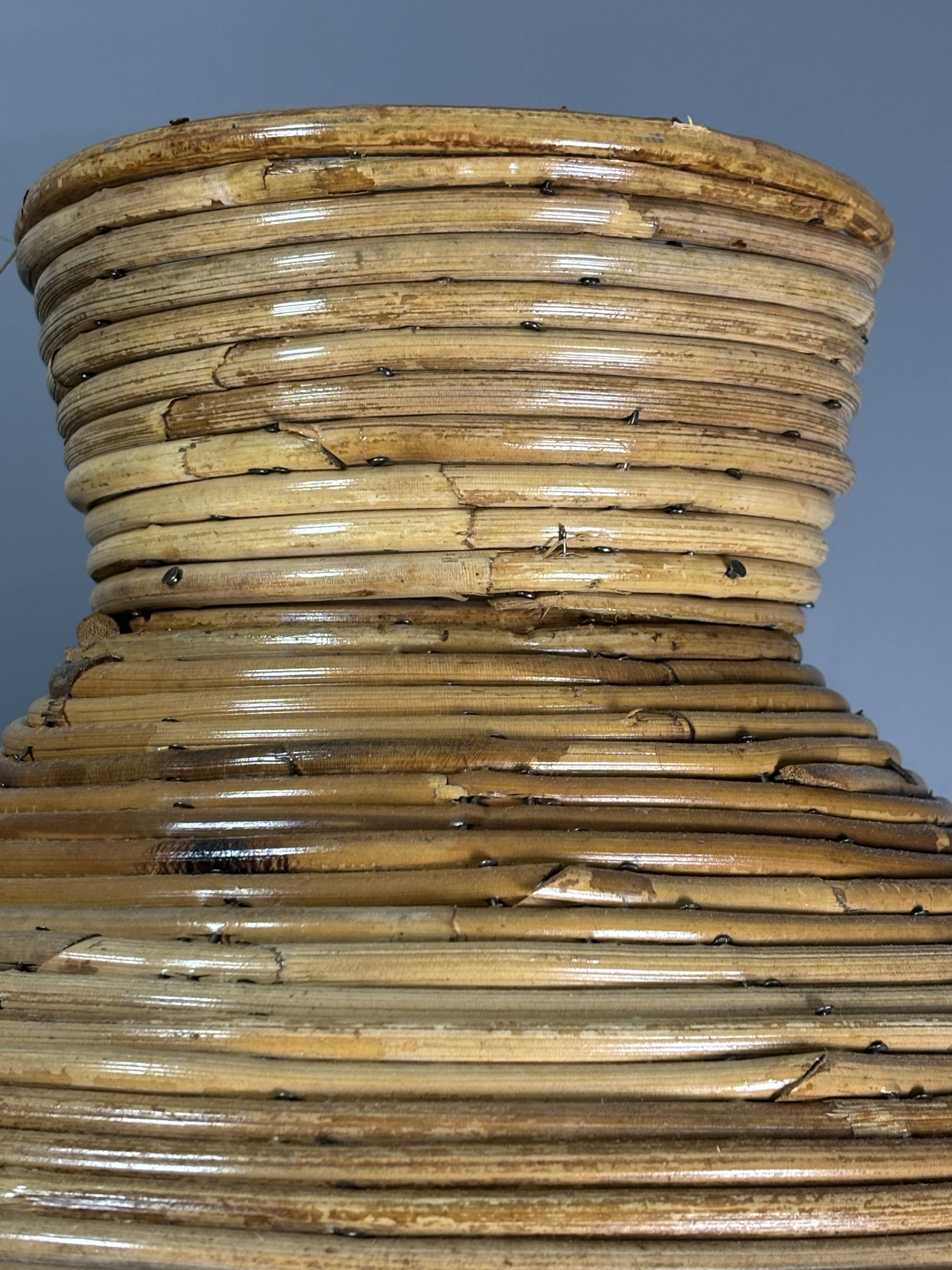 Midcentury pair pencil rattan large ( 62 cm ) pendants, Italy 1970s