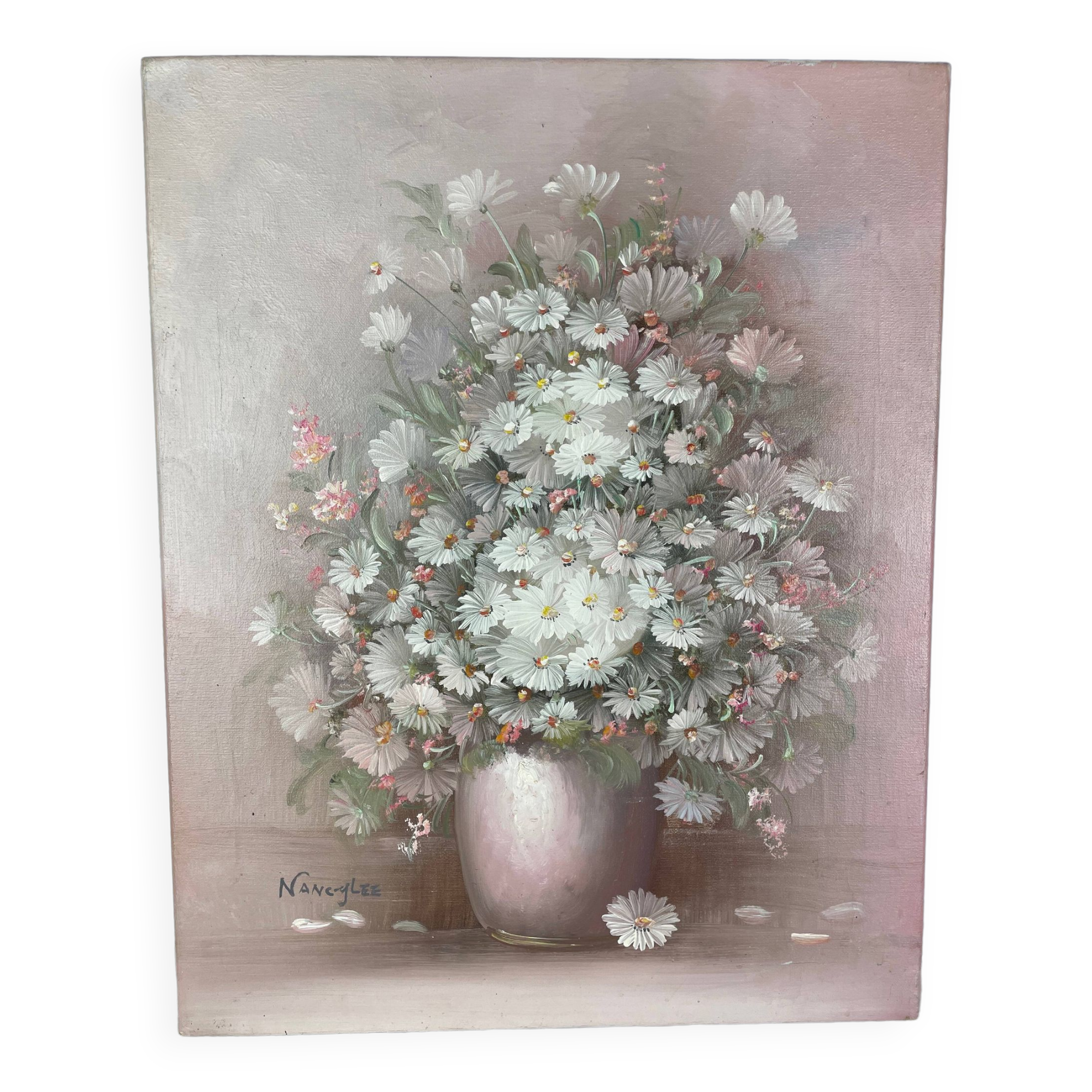 Oil painting still life daisies signed Nancy Lee