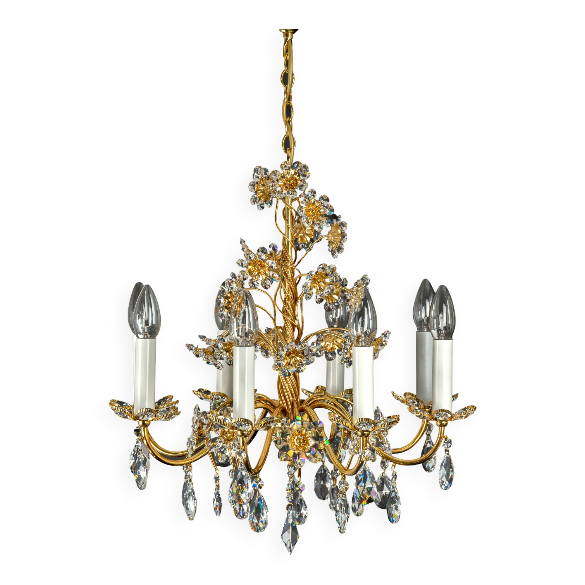 Large flower-shaped chandelier in gilded brass by Palwa, Germany, 1970s.