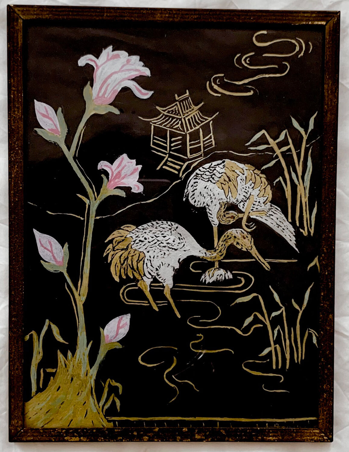 Pair of old China vintage bird painting paintings