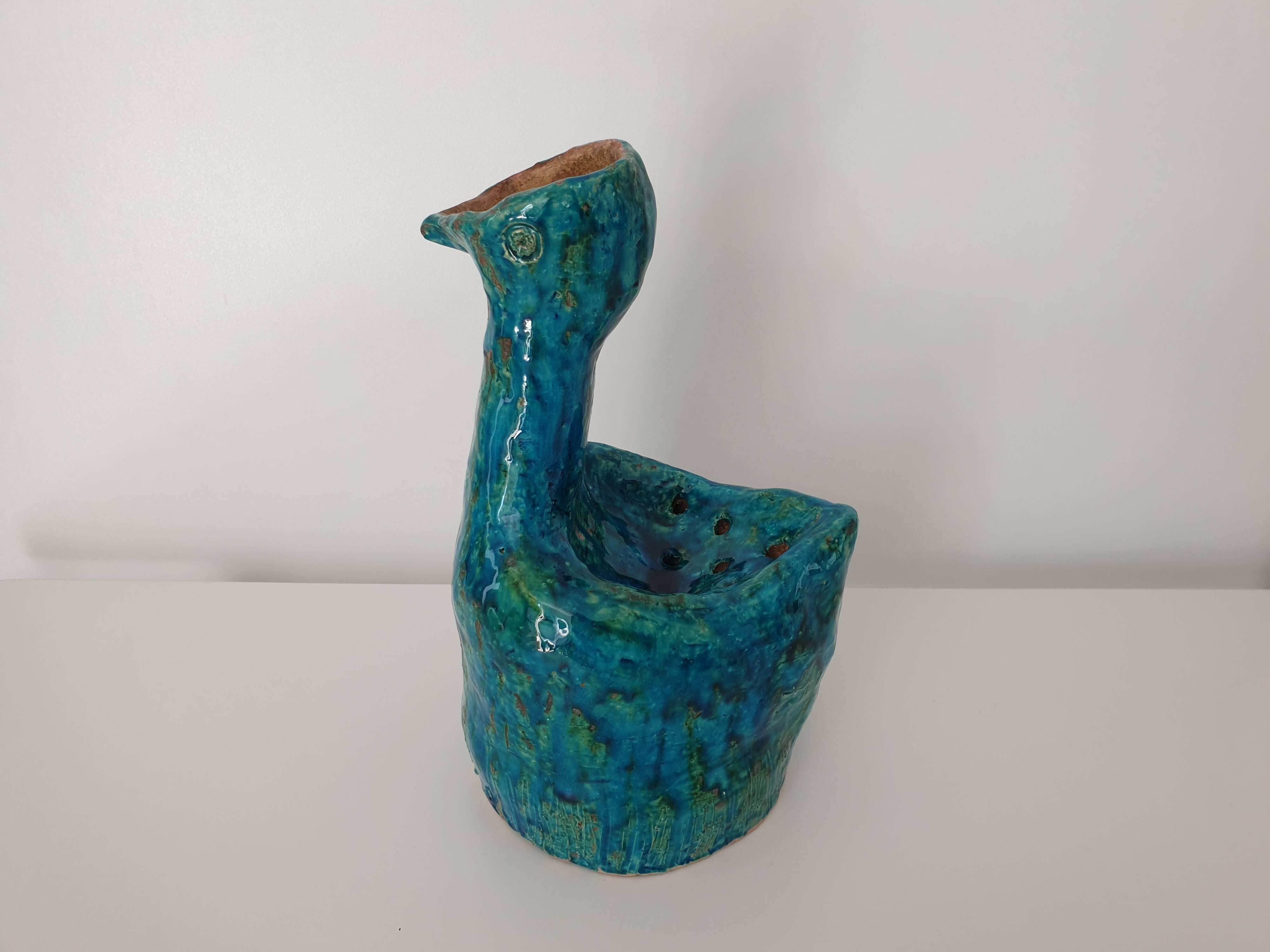 Brutalist Zoomorphic Bird Ceramic Flower Vase Signed NICOLE