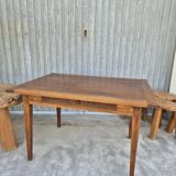 Antique rustic farmhouse table in solid oak with one drawer - 1m15