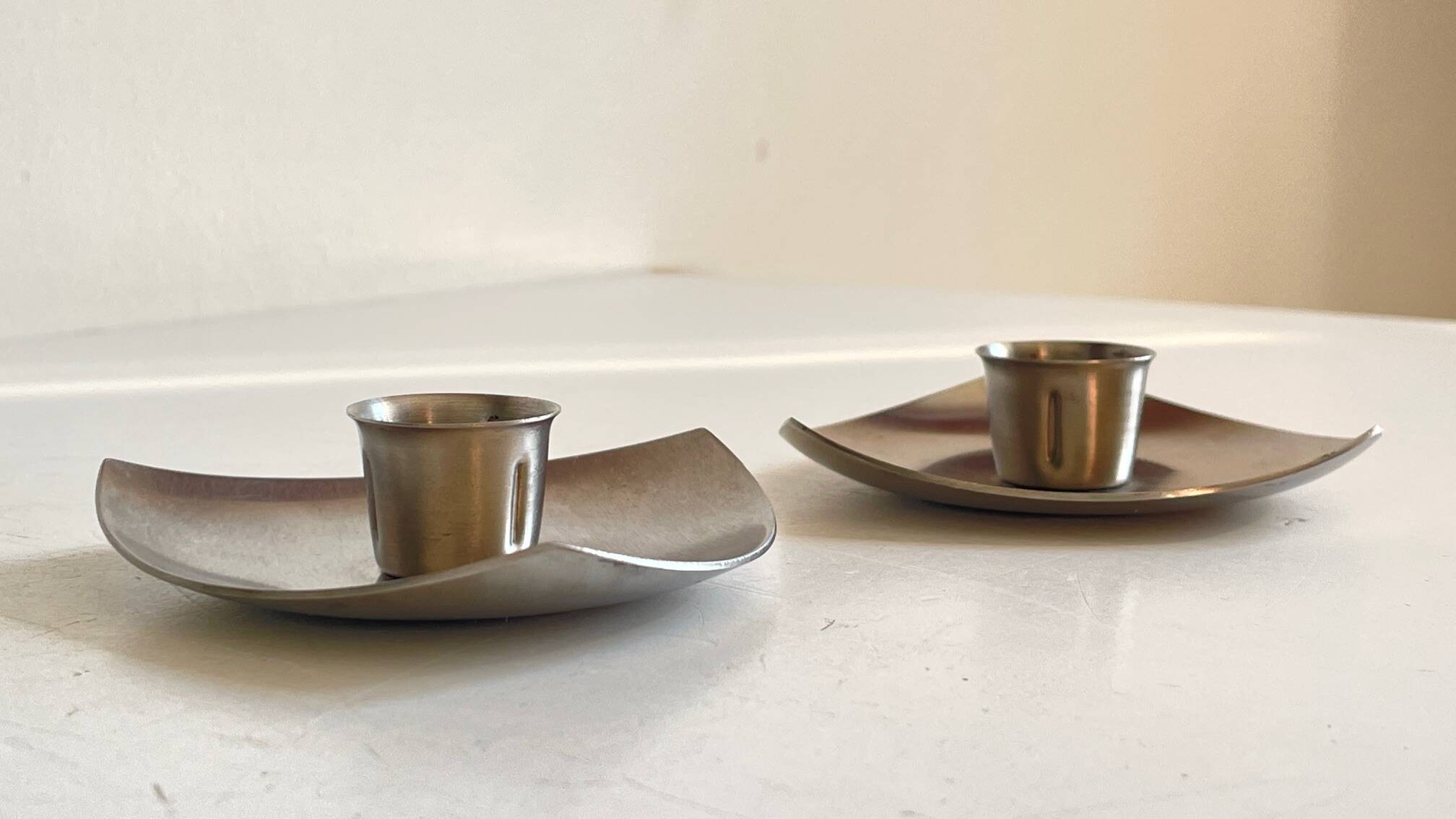 Vintage brushed metal geometric candle holders