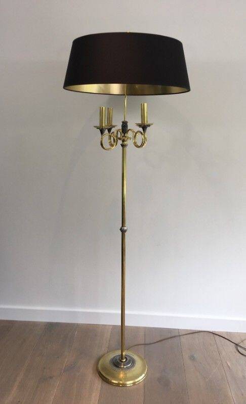 Floor lamp in brushed steel and brass. In the style of Maison Charles