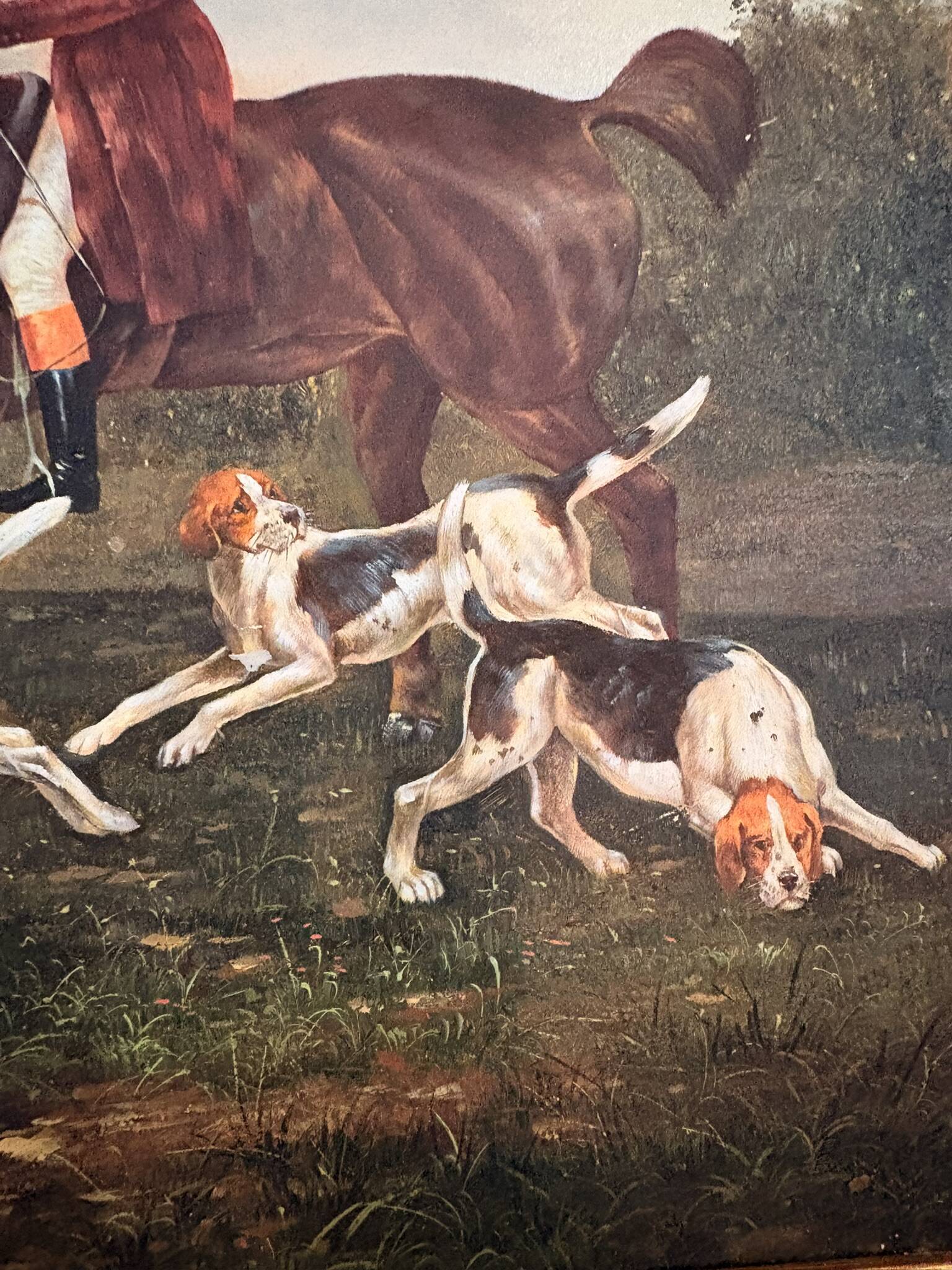 Oil Painting on Wood Panel with Golden Frame, English Hunting Dog