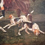 Oil Painting on Wood Panel with Golden Frame, English Hunting Dog