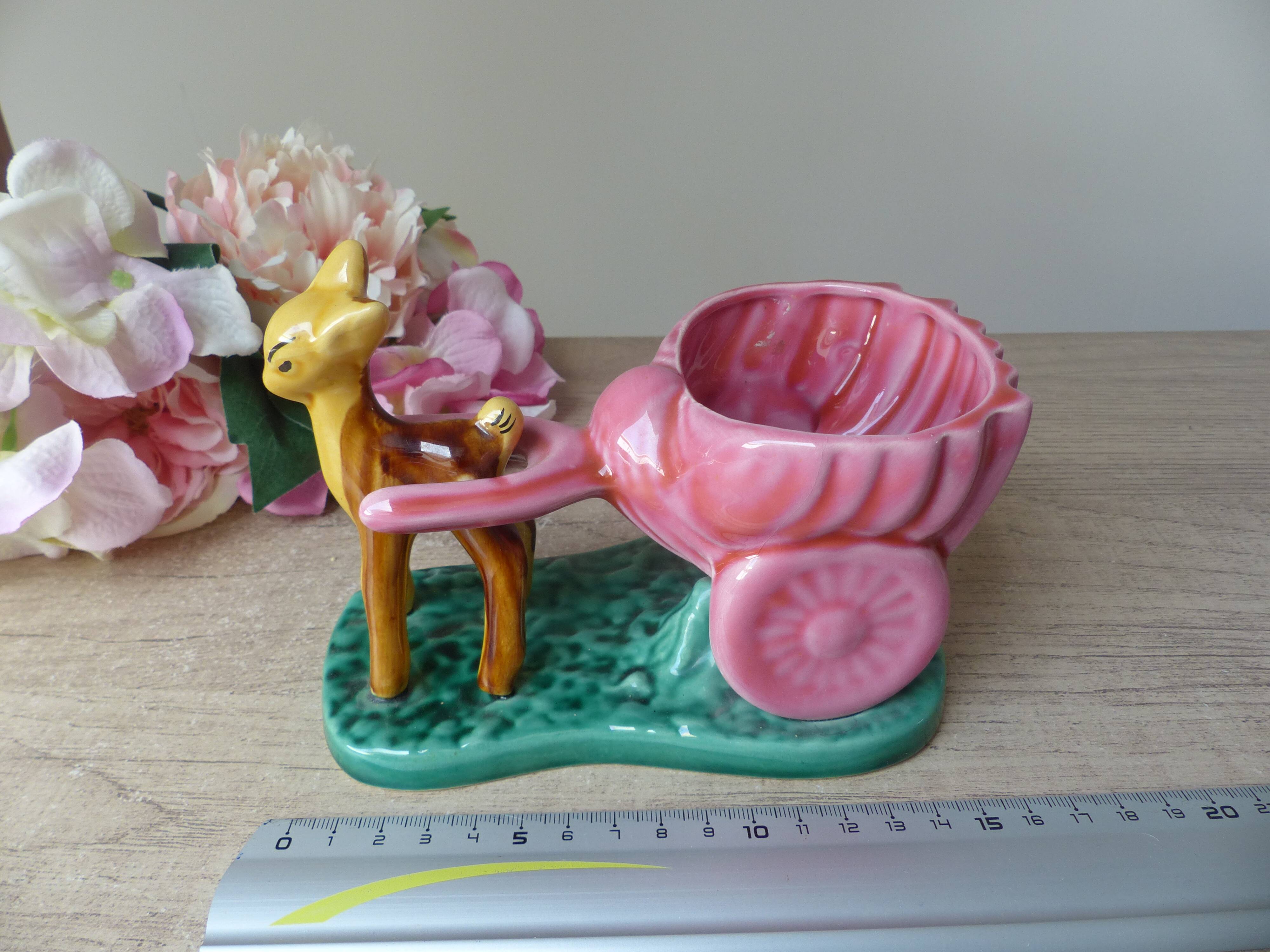 Pot, vase, small doe fawn planter pulling a vintage ceramic cart