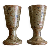 Pair of old pyrite stoneware mazagrans, stemmed glasses, thick base, vintage duo set
