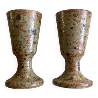 Paire de mazagrans en grès pyrité ancien verres à pied base épaisse lot duo vintage