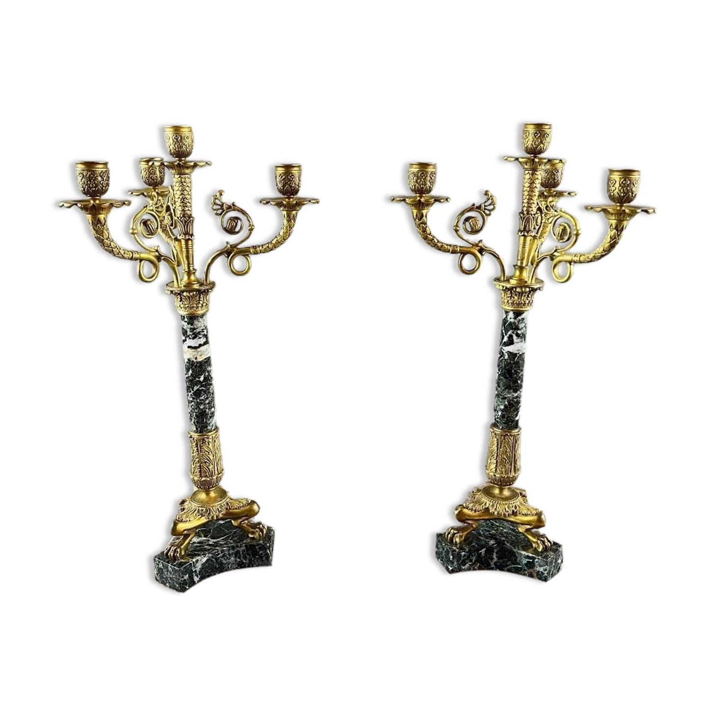 Pair of candelabra in gilt bronze and green marble, 19th century