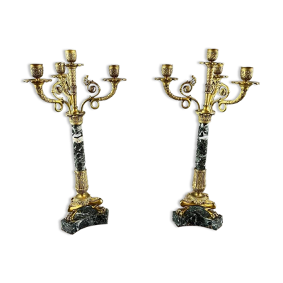 Paire de candélabres en bronze doré et marbre vert, XIXe Siècle