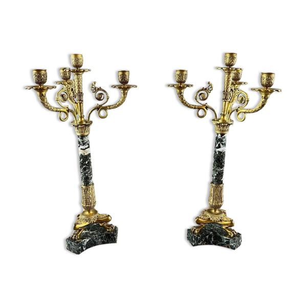Paire de candélabres en bronze doré et marbre vert, XIXe Siècle