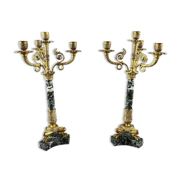 Paire de candélabres en bronze doré et marbre vert, XIXe Siècle