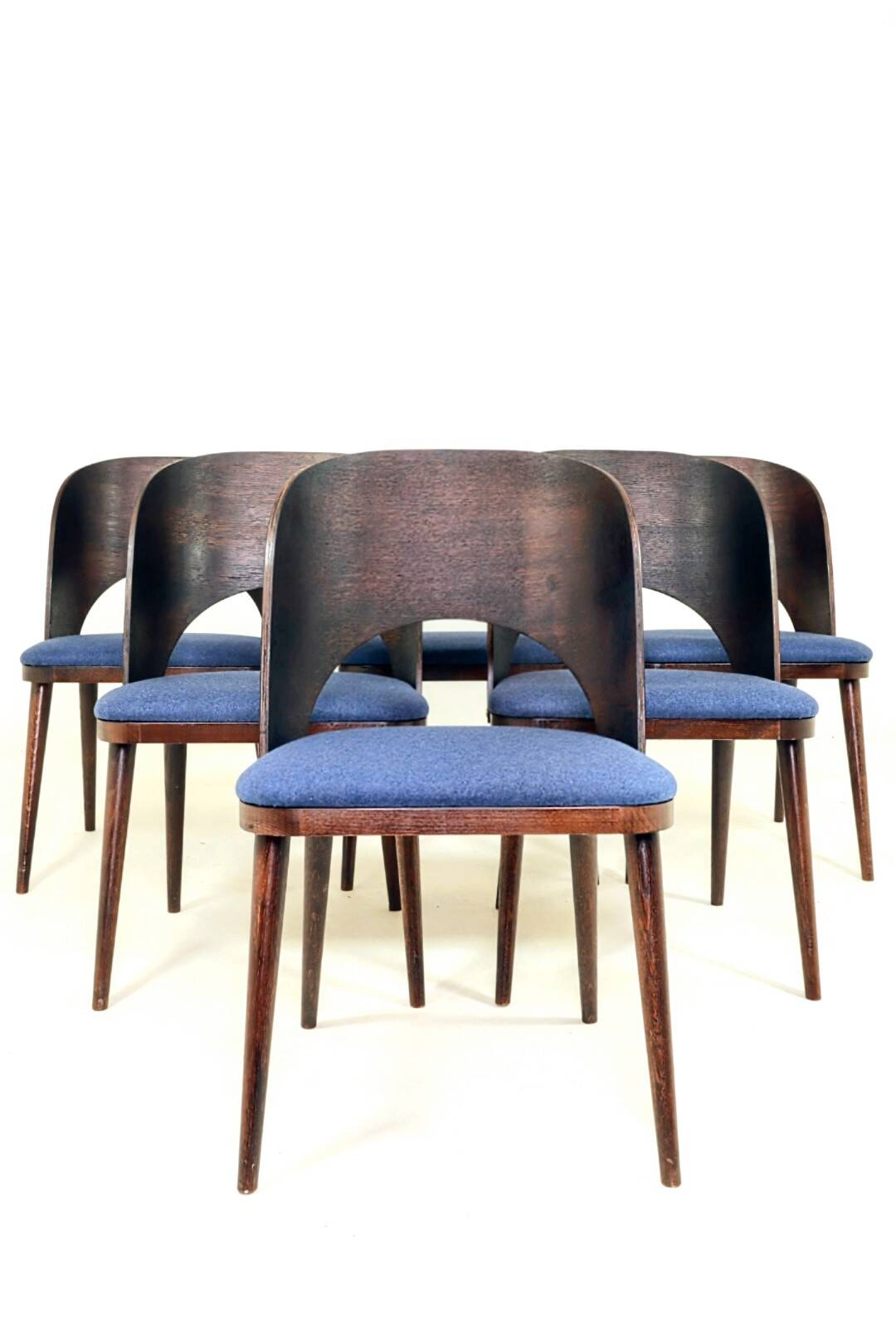 6 chaises de salle à manger vintage en chêne massif et en laine bleue