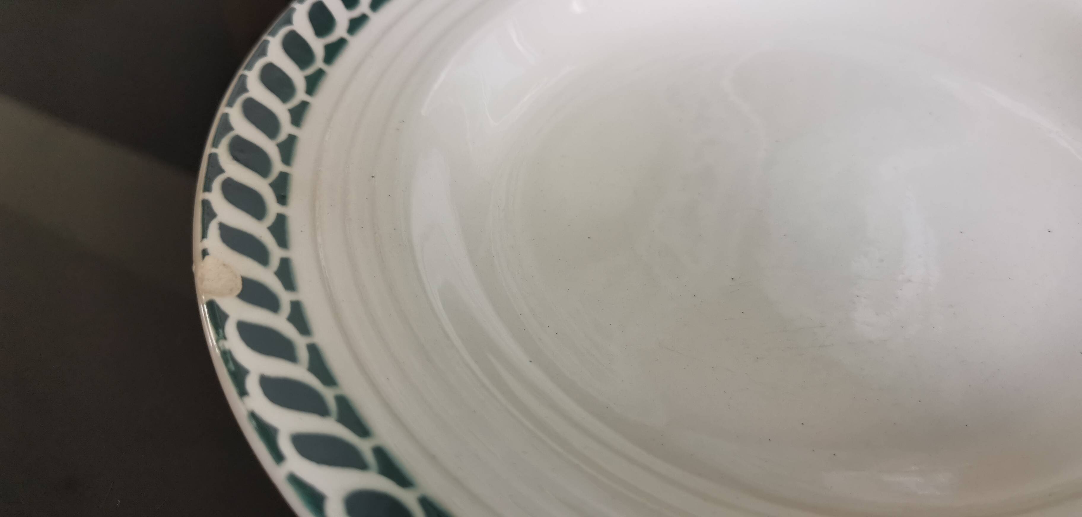 6 old mismatched deep plates Terre de Fer, glass and blue colors