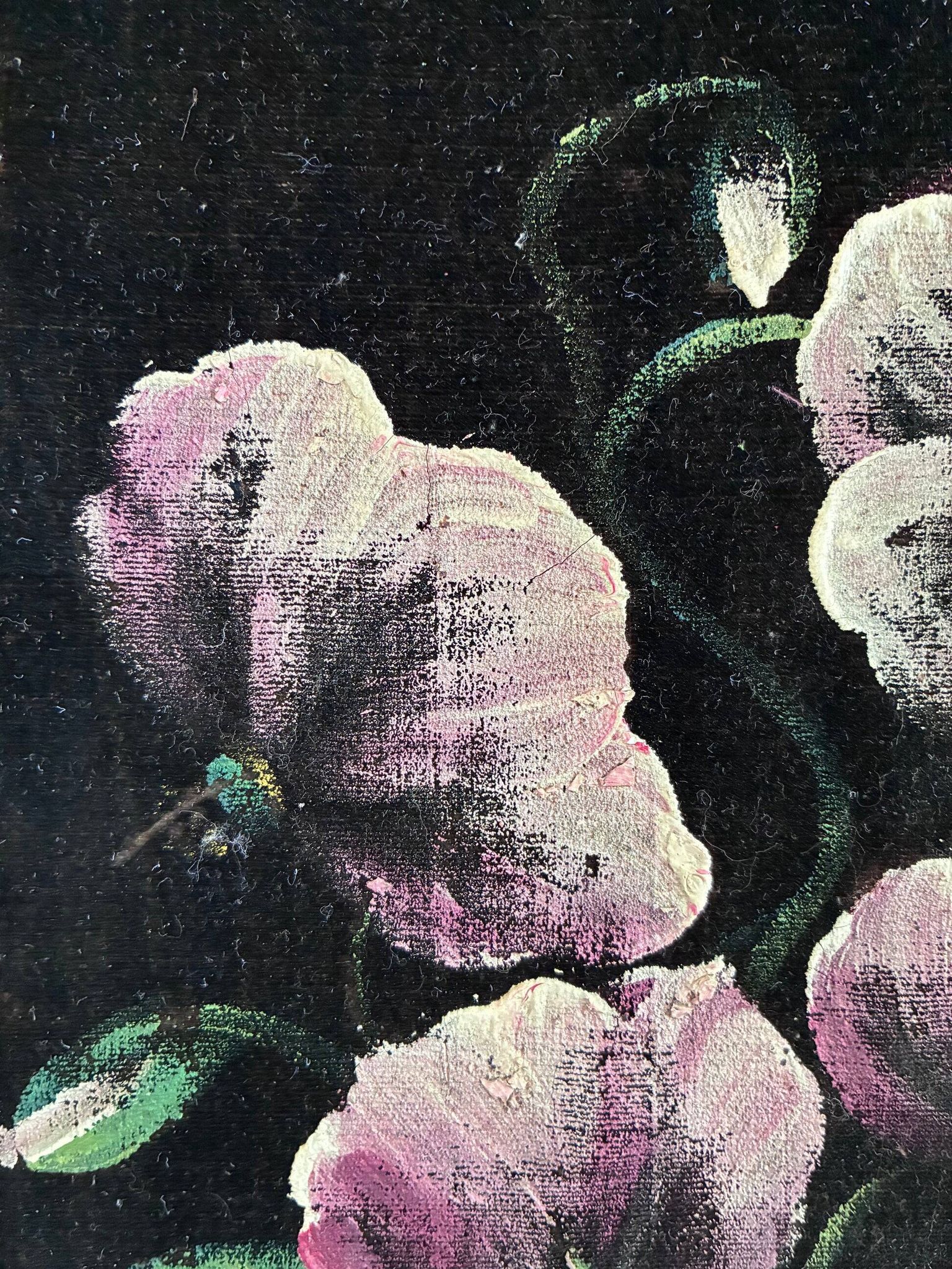 Vintage original velvet flower oil painting, pink flower still life art