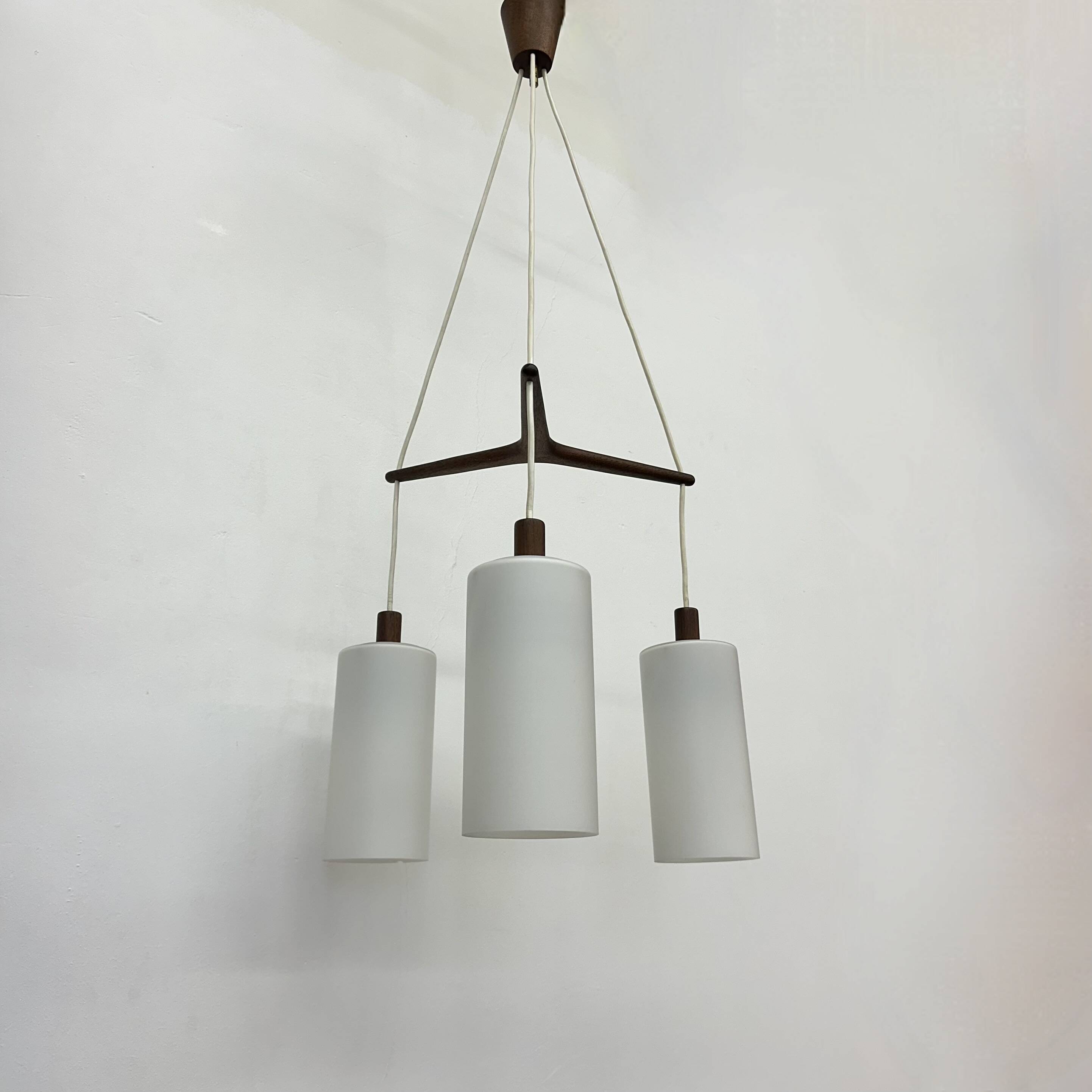 Mid-century design pendant lamp teak and opaline glass , 1970s