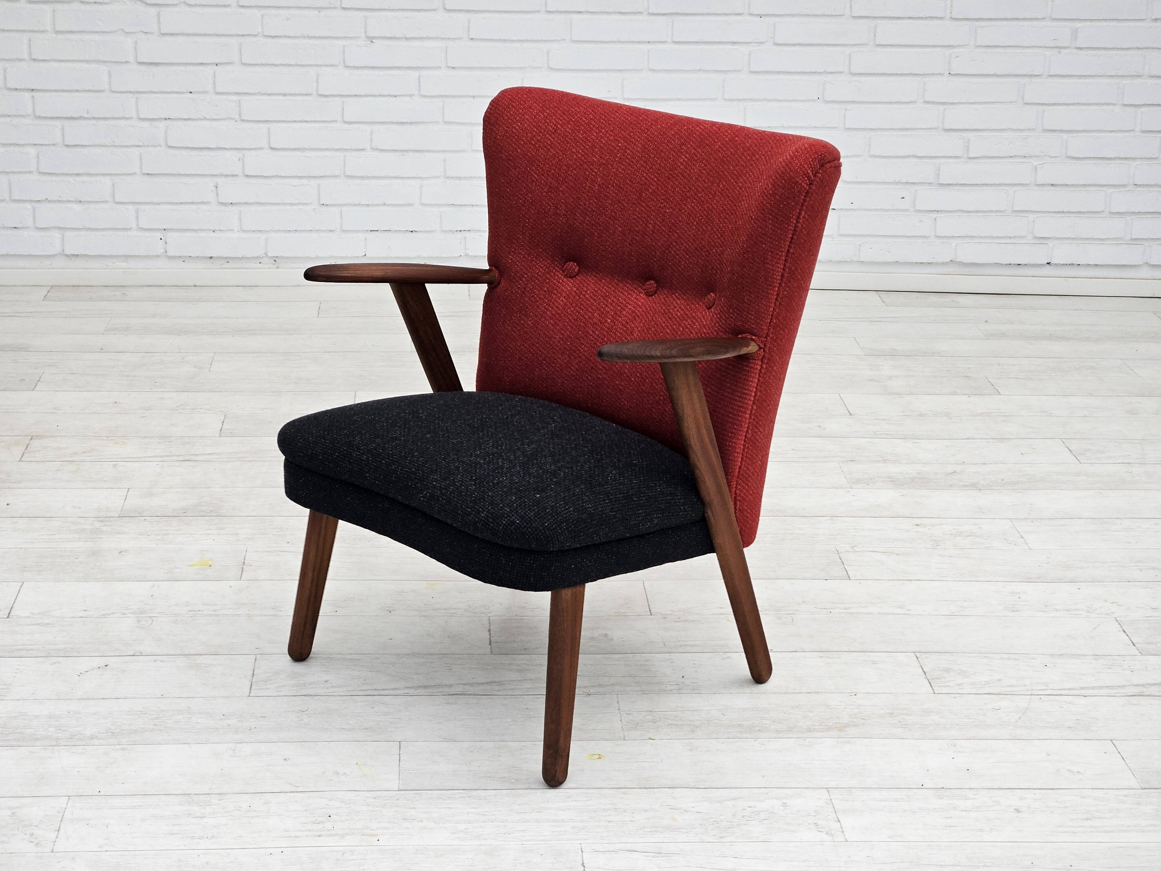 1960s, Danish design by Erhardsen & Andersen, reupholstered armchair, furniture wool, teak wood.