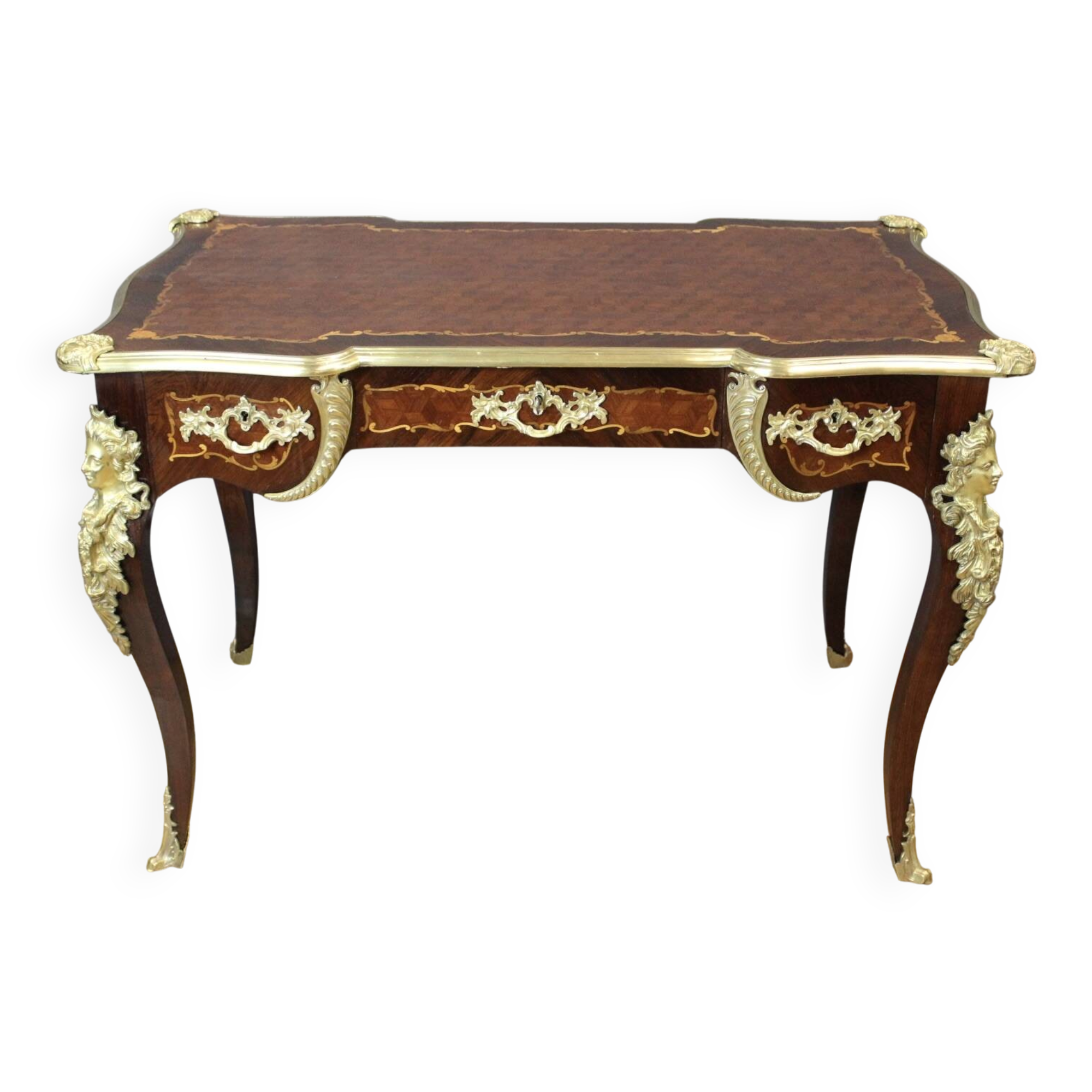 Louis XV desk in marquetry and bronze from the 19th century.